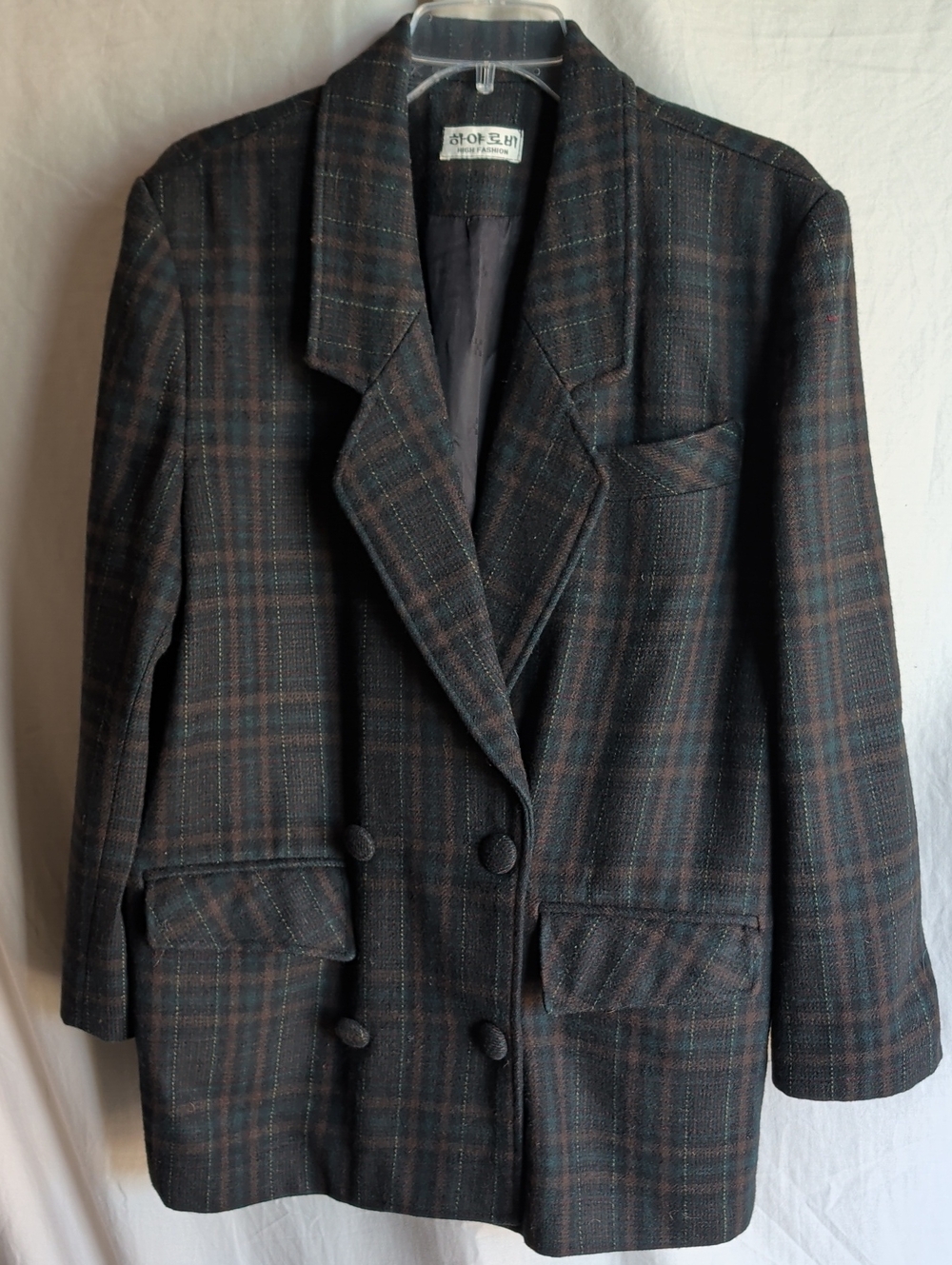 Women's Plaid Double Breasted Blazer Jacket - Dark Green/Brown  Business